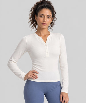 Avensai ModalSoft Ribbed Henley Long Sleeve Top - Light Ivory