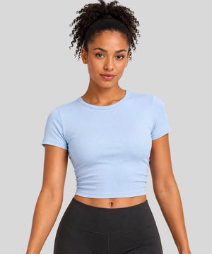 Avensai SculptRib Ruched Crop Workout Top - Starch Blue