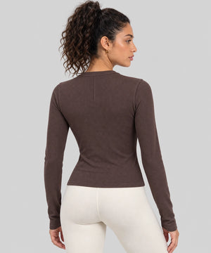 Avensai ModalSoft Ribbed Henley Long Sleeve Top - Brown