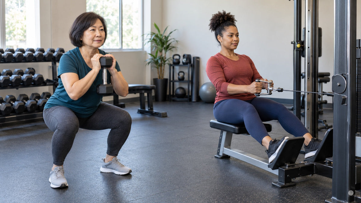 Two women practice a beginner dumbbell workout in a welcoming neighborhood gym