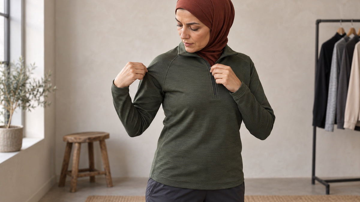 Woman checks the shoulder and sleeve fit of a quarter-zip workout top