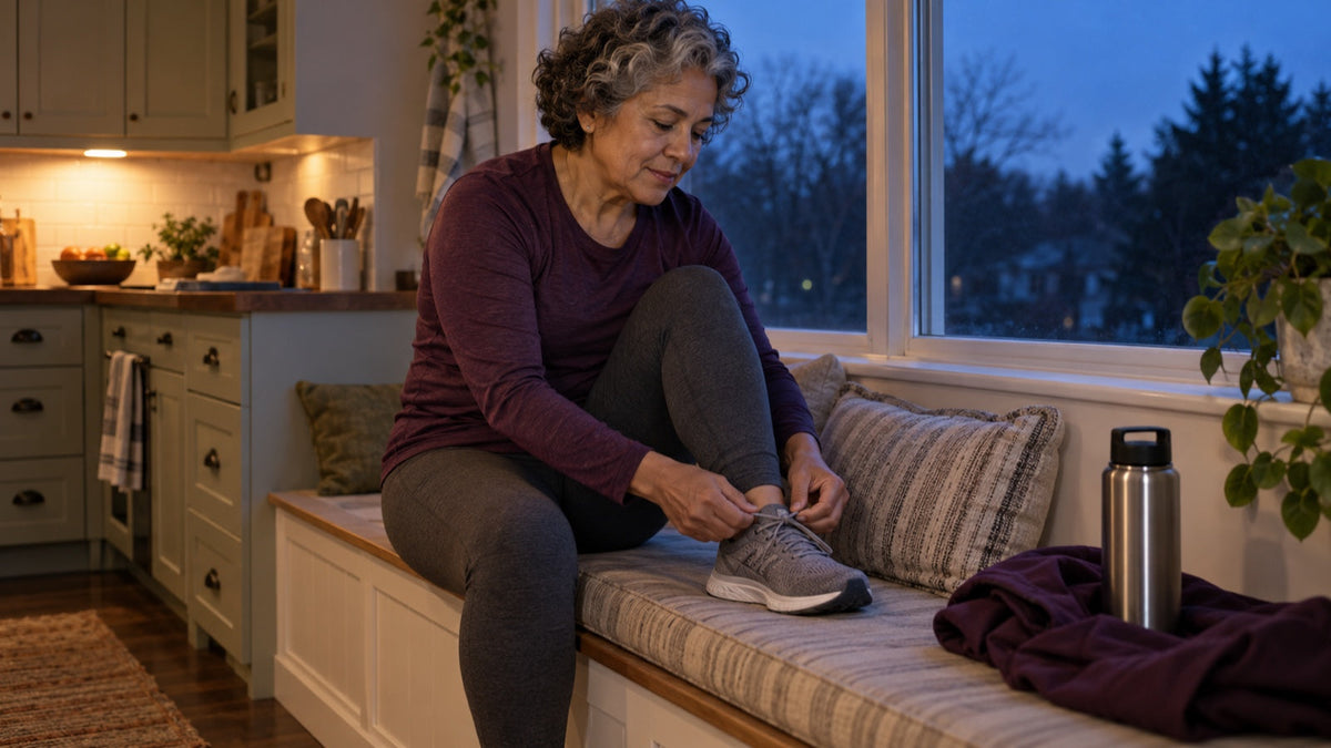 Older woman laces running shoes beside a window before dawn