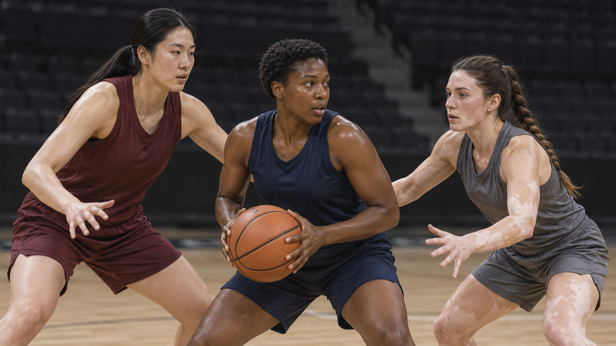 Three fictional women compete for a basketball in a generic arena