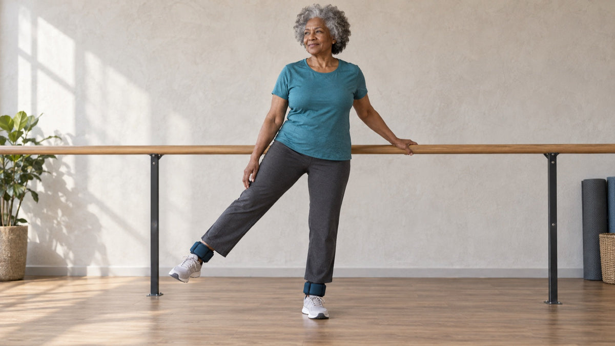 Older woman performs a controlled standing leg exercise with light ankle weights