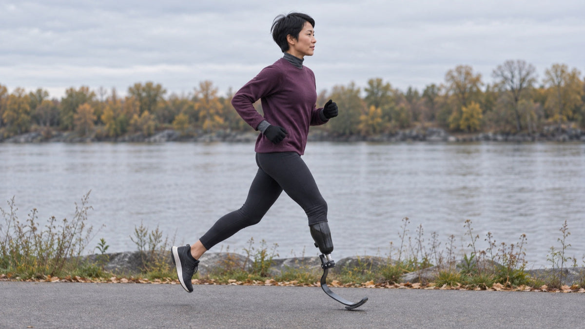 Woman with a running prosthesis trains in layered gear on a cool river path