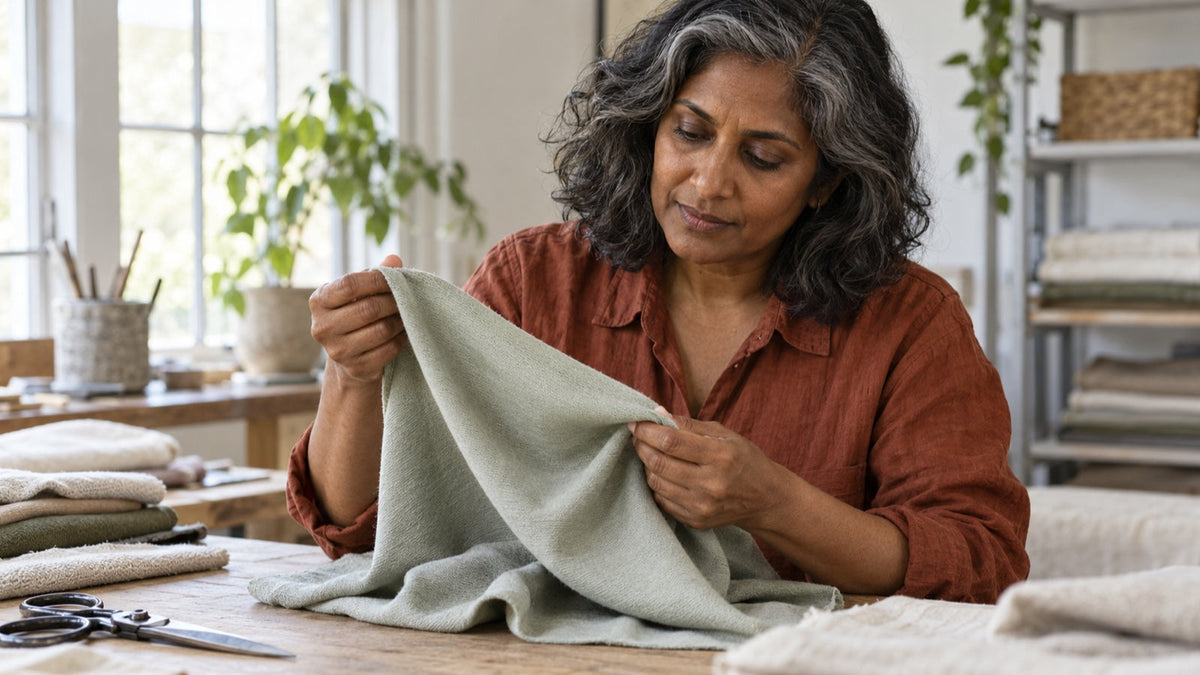 Textile designer examines a soft modal fabric swatch in daylight