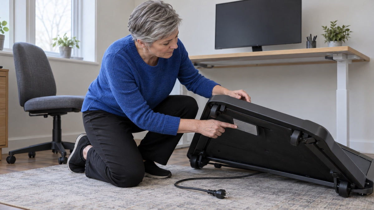 Woman checks the model label on an unplugged walking pad under a desk