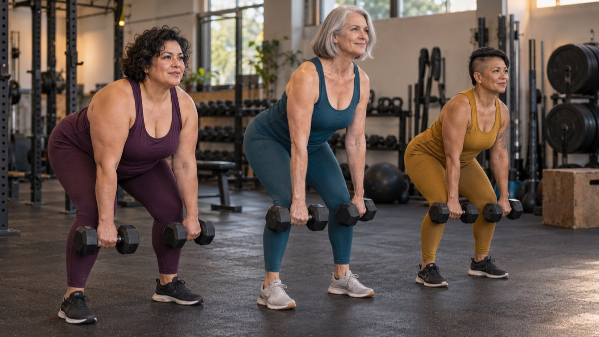 Three women over 40 practice controlled dumbbell strength exercises