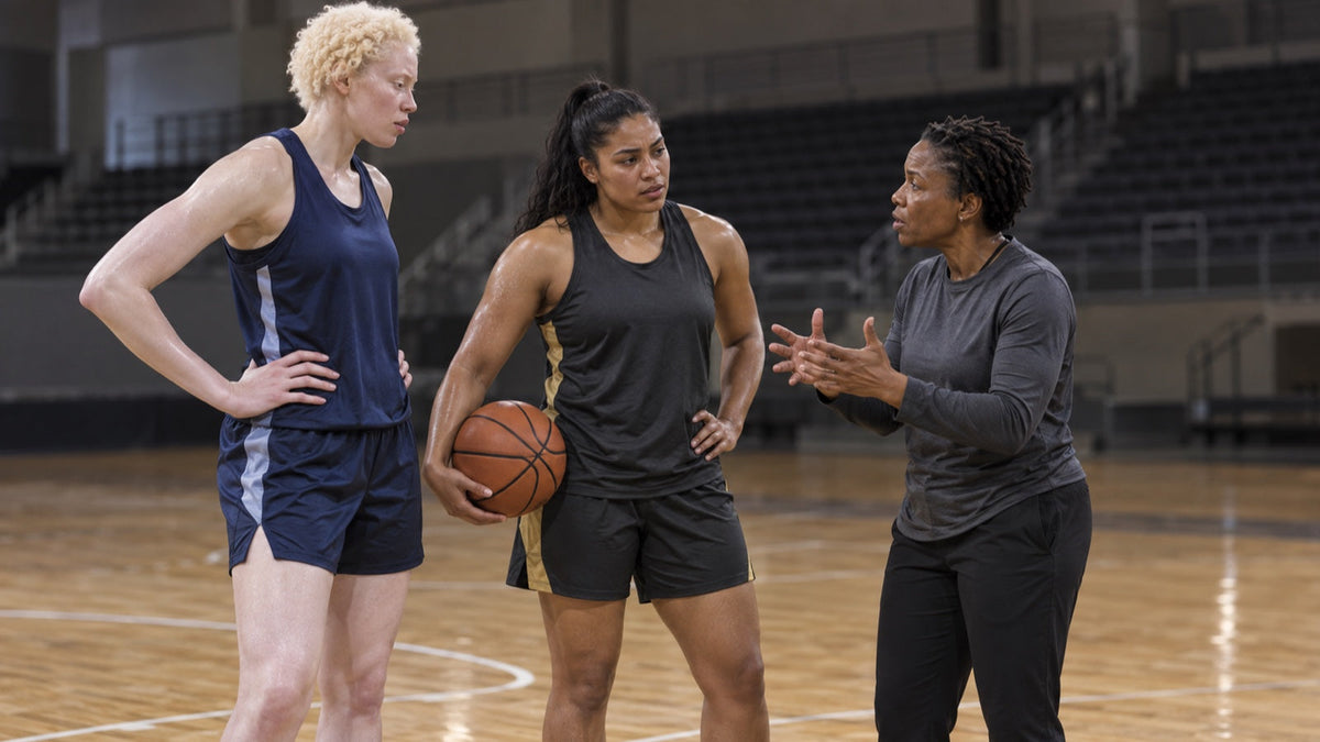 Fictional women basketball players and coach regroup during practice