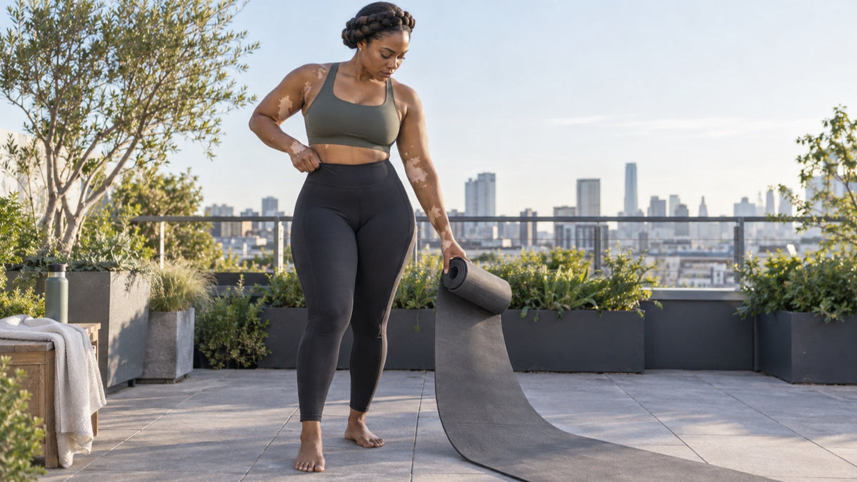 Woman checks high-waisted leggings before an outdoor yoga session
