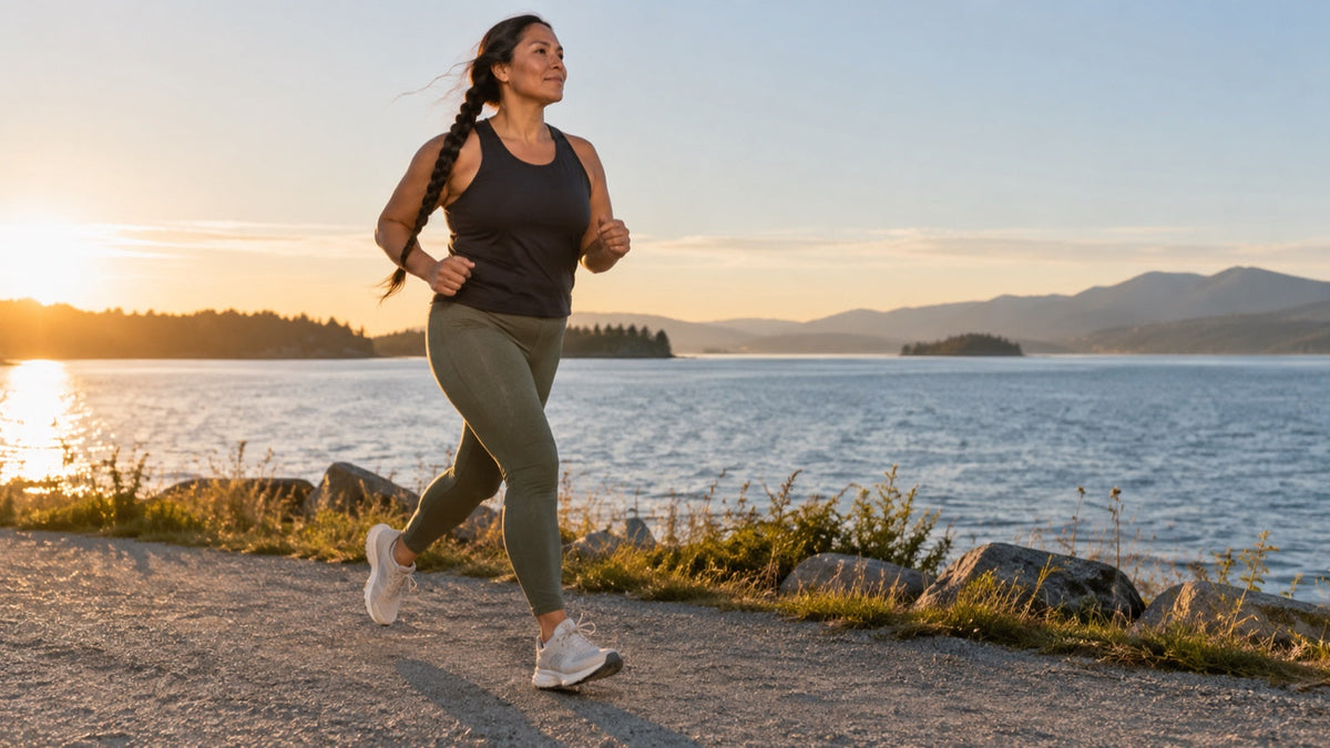 Woman enjoys a relaxed run beside the water in comfortable activewear