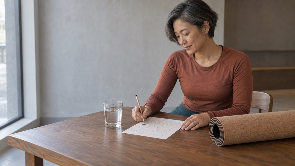 Woman records progress after a beginner Pilates workout beside a rolled mat