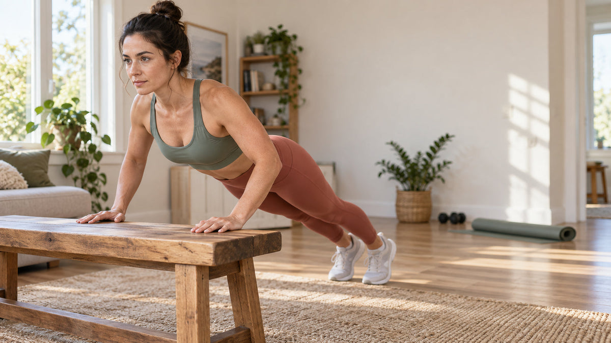 Woman practices a beginner incline push-up in a bright home workout space