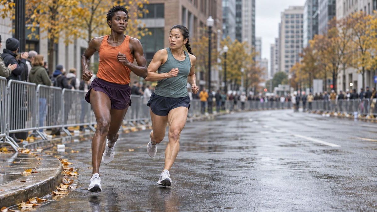 Two fictional women runners race side by side on a wet city street