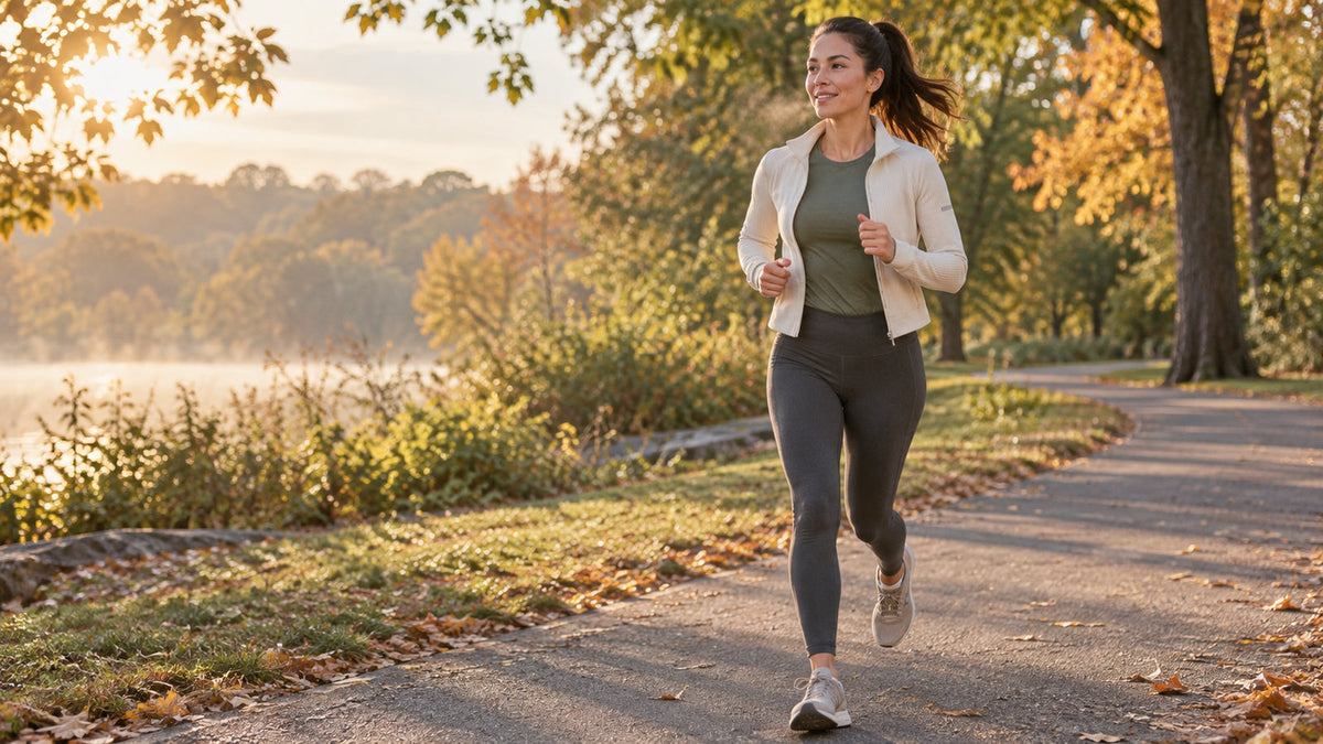 Woman runs in layered activewear on a cool autumn morning