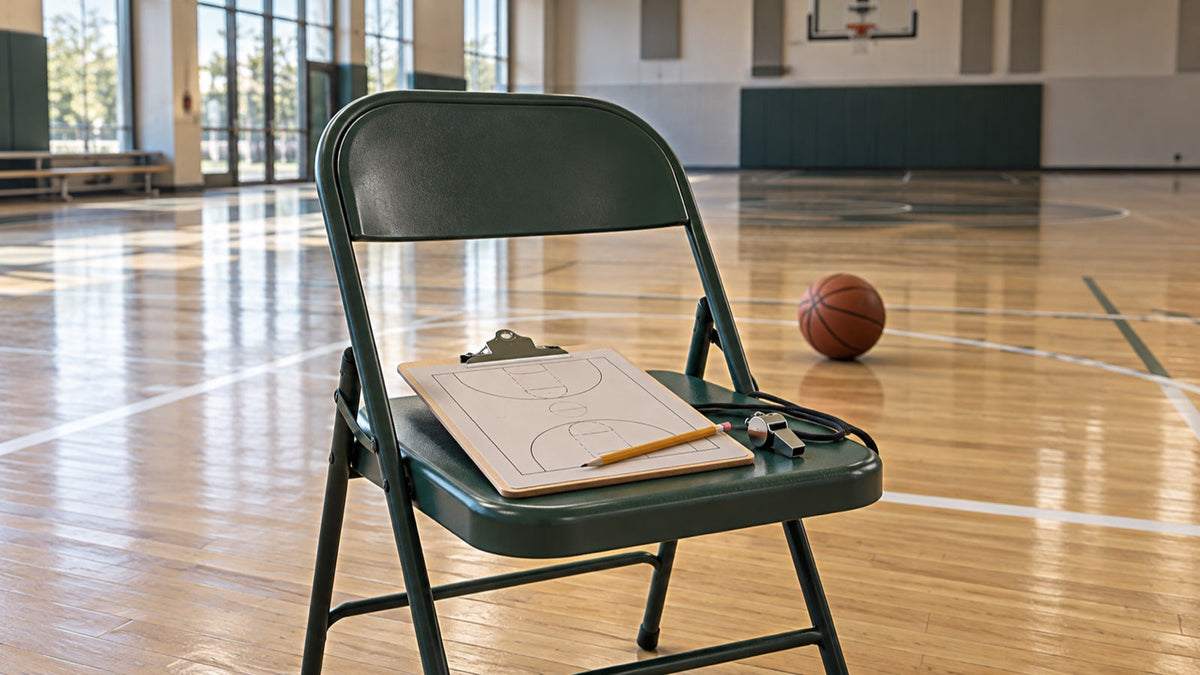 A clipboard, pencil and whistle on a green folding chair beside an indoor basketball court.