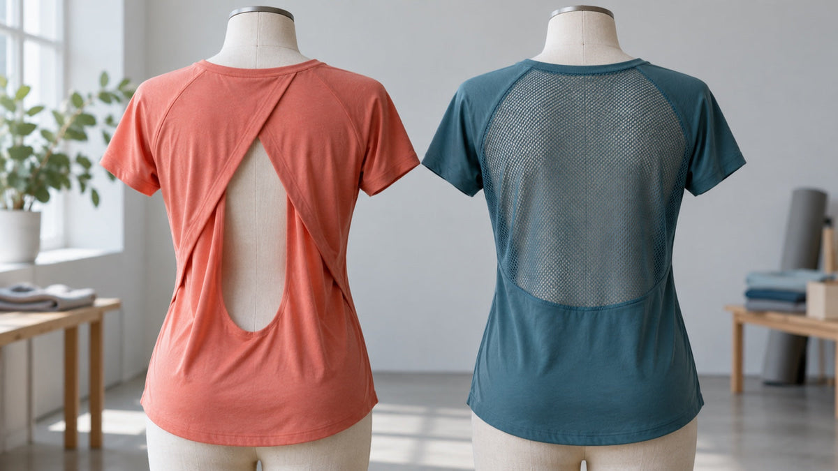 Coral open-cutout and teal mesh-back workout tees displayed from the back on tailoring forms.