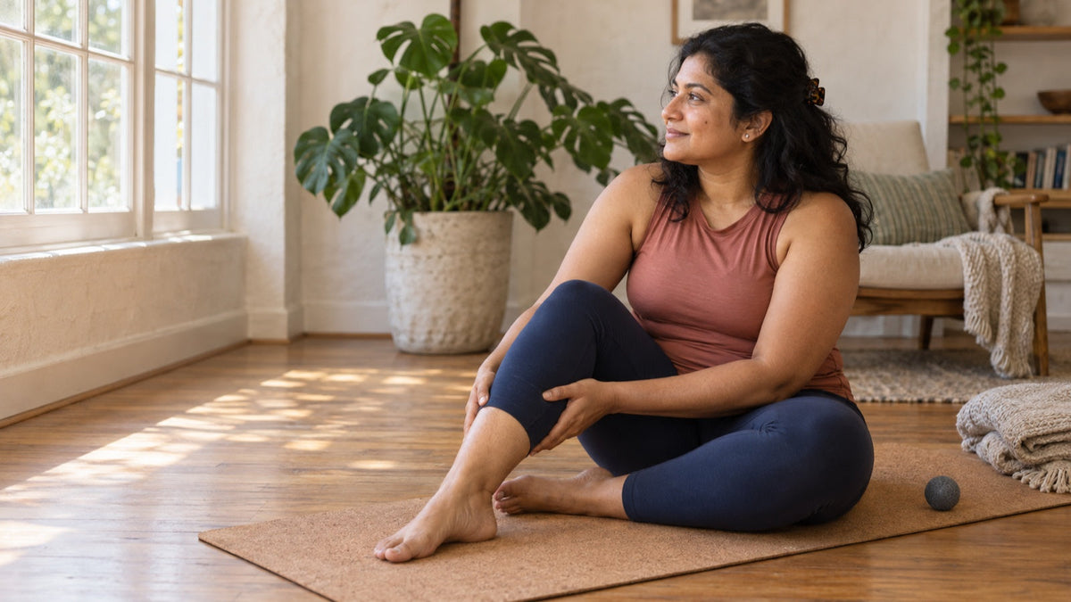 Woman takes a calm movement break on a sunlit mat for exercise and stress relief