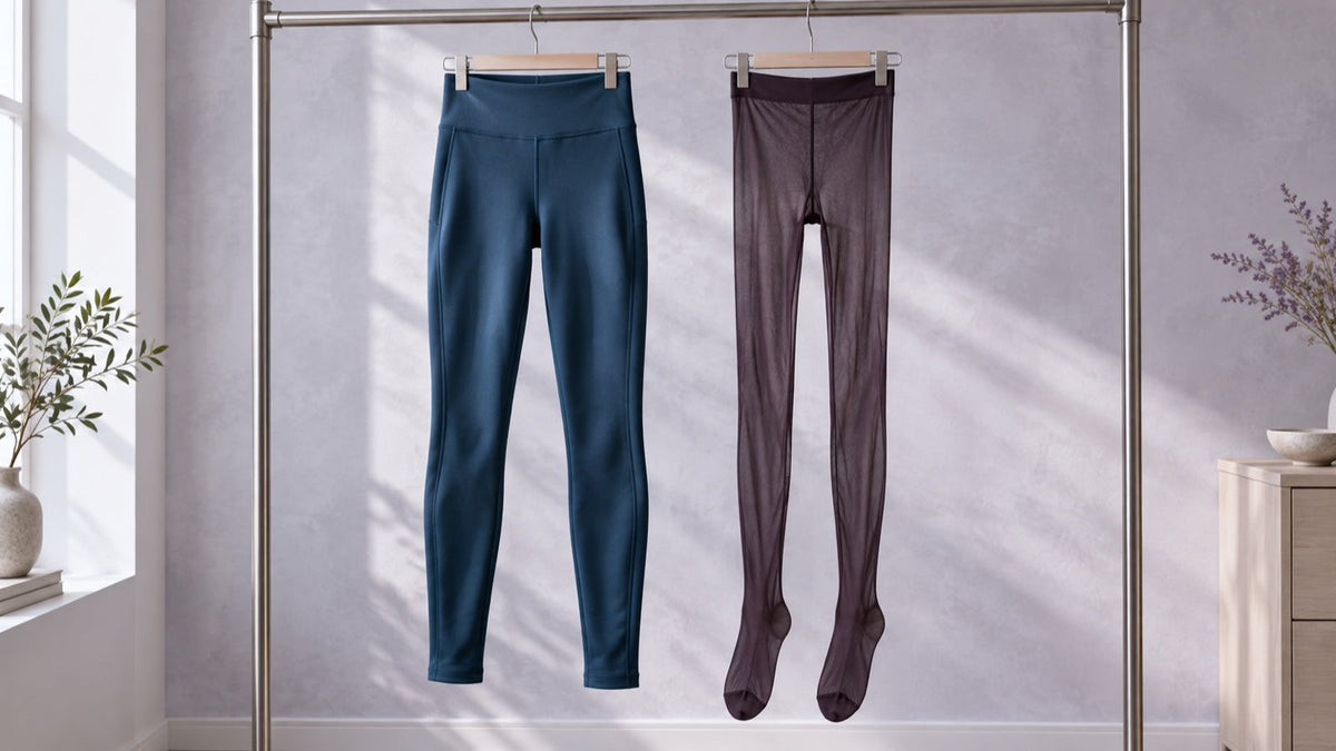 Petrol-blue leggings and plum-colored footed hosiery tights hanging side by side on a clothing rail.