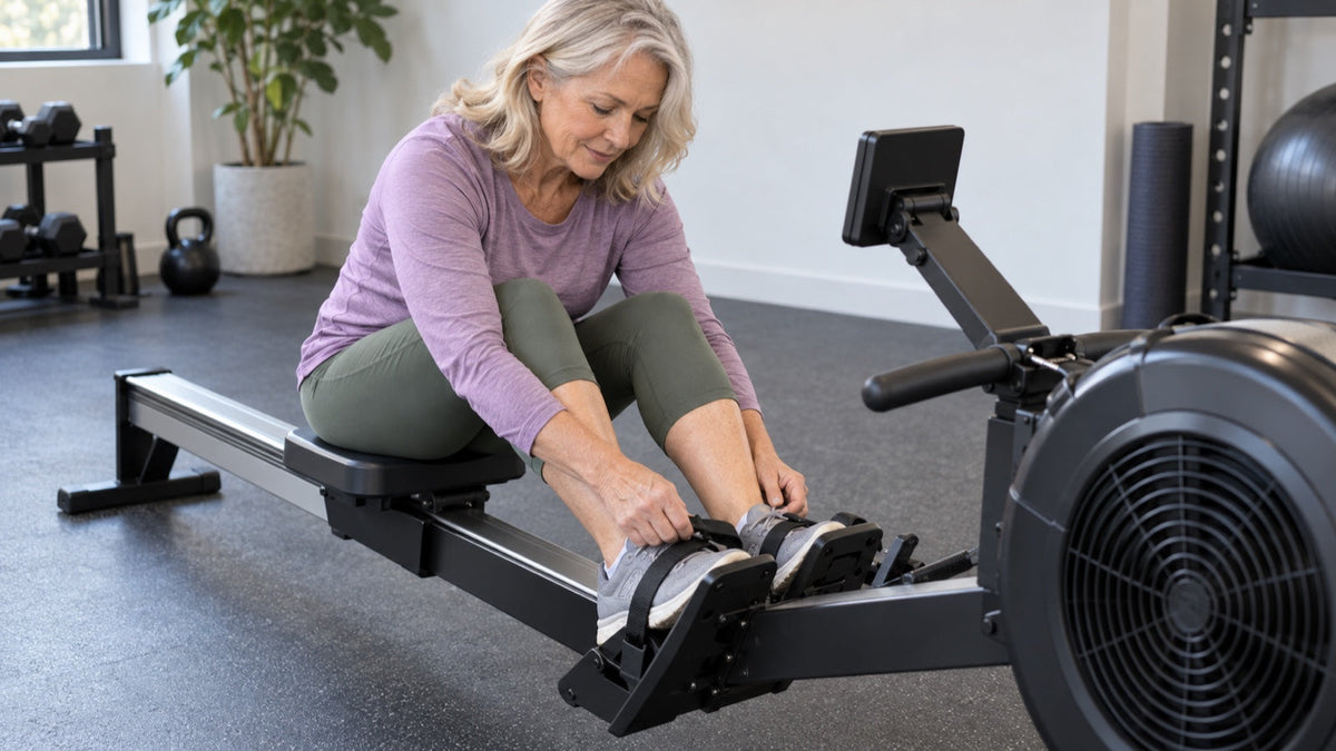 Woman adjusts foot straps while seated on a rowing machine in a bright gym.
