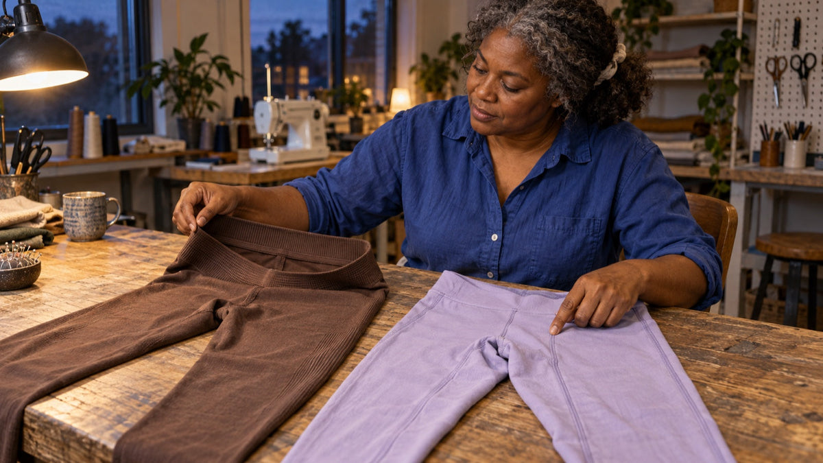 Woman compares the inside construction of seamless and regular leggings at a sewing table