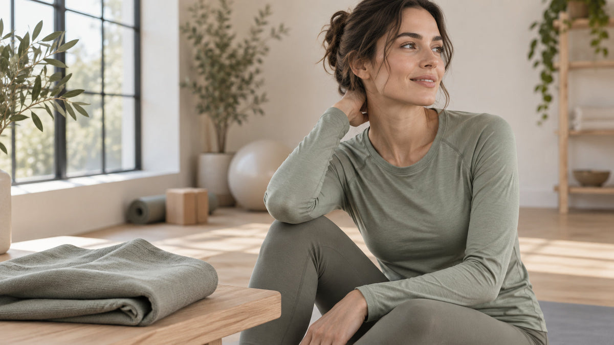 Woman in a soft sage workout top beside a folded fabric swatch in a bright studio