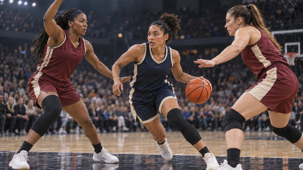 Women’s basketball players compete for the ball under arena lights