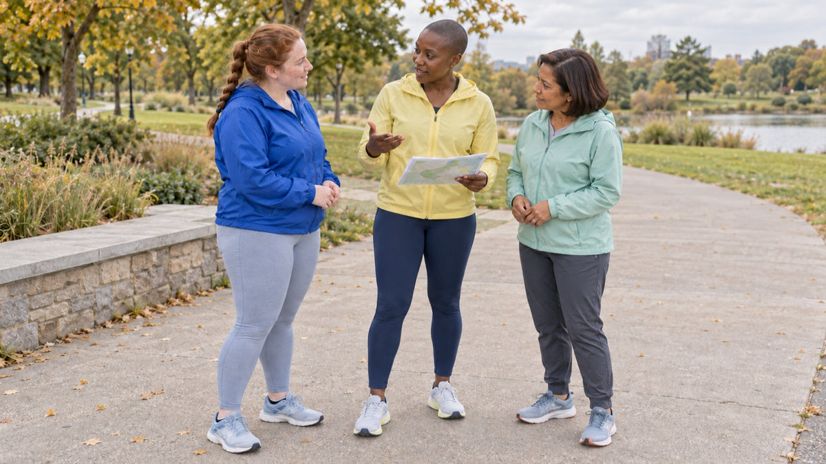 Three women in running clothes review a paper route map together on a park path.