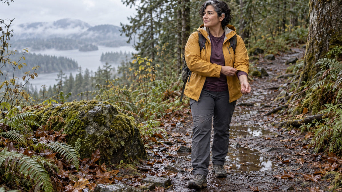 Woman adjusts layered hiking clothes on a damp forest trail