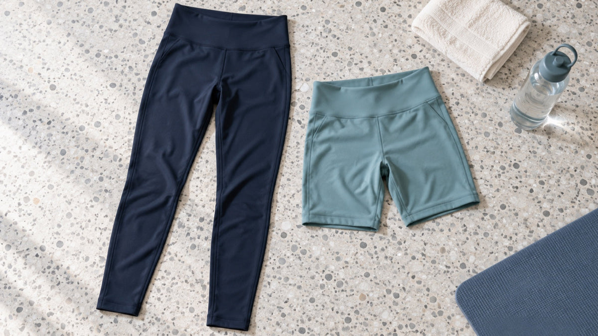 Ink leggings and aqua fitted shorts beside an ivory towel, water bottle and blue yoga mat on terrazzo.
