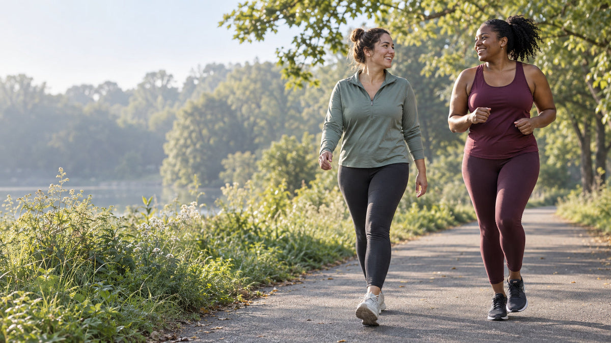 Two women share an easy conversational-pace cardio session on a park path