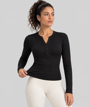 Avensai ModalSoft Ribbed Henley Long Sleeve Top - Black