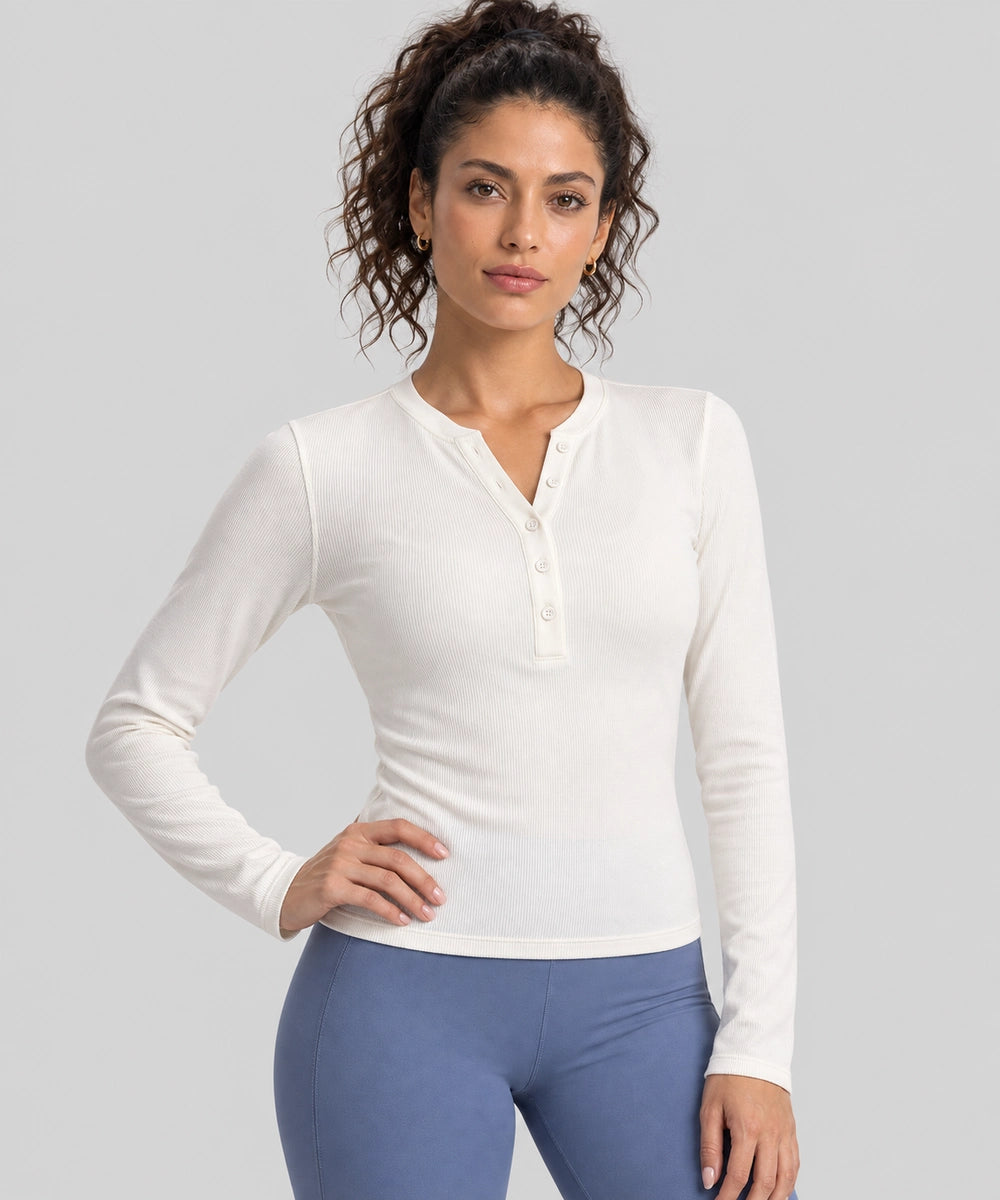Avensai ModalSoft Ribbed Henley Long Sleeve Top - Light Ivory