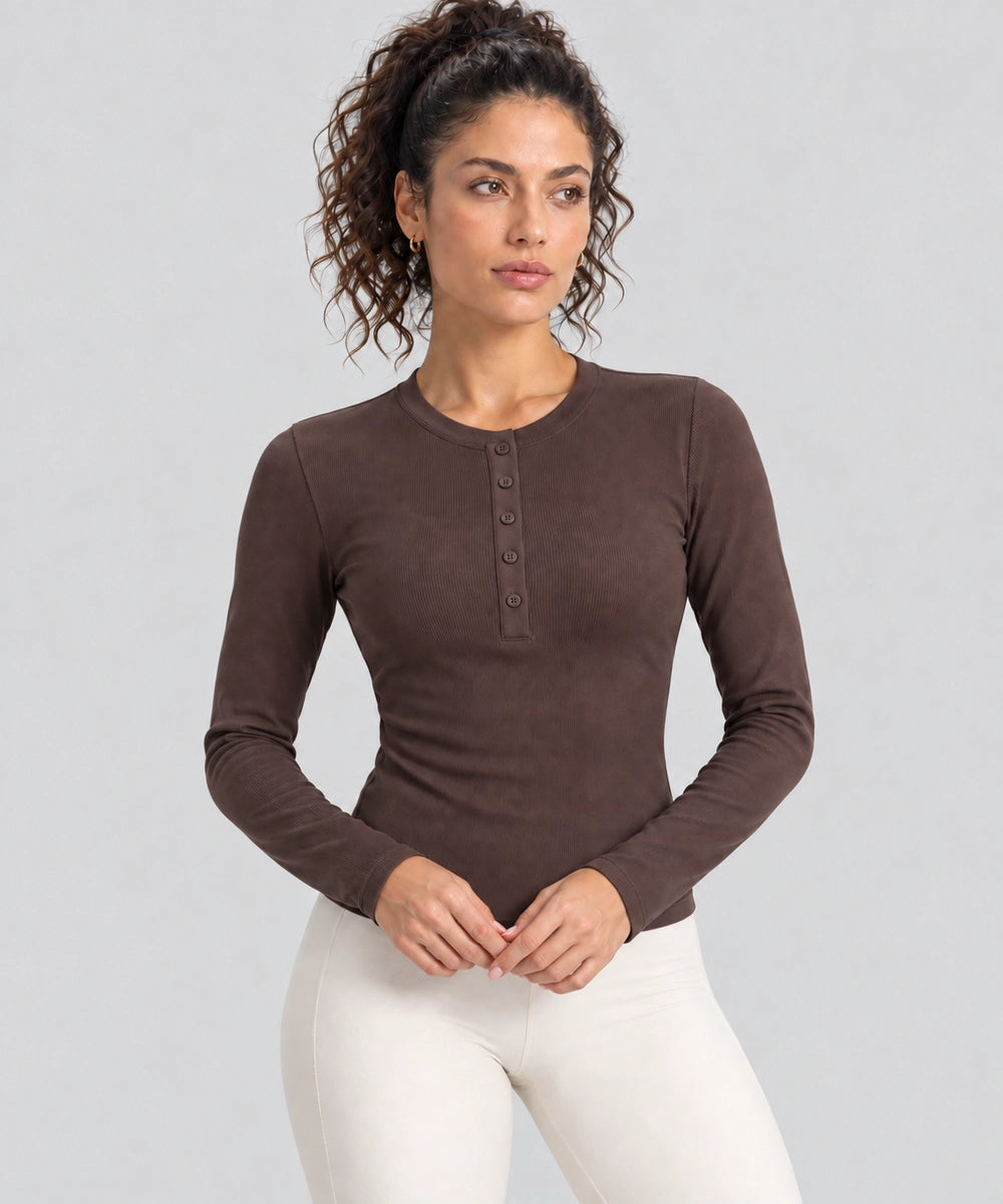 Avensai ModalSoft Ribbed Henley Long Sleeve Top - Brown