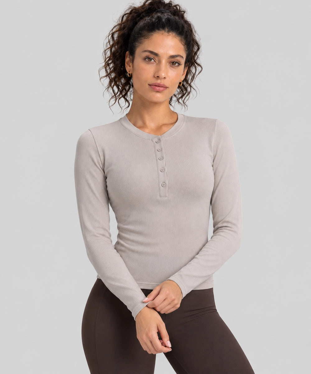 Avensai ModalSoft Ribbed Henley Long Sleeve Top - Oak brown