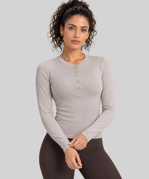 Avensai ModalSoft Ribbed Henley Long Sleeve Top - Oak brown