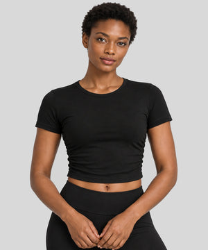 Avensai SculptRib Ruched Crop Workout Top - Black