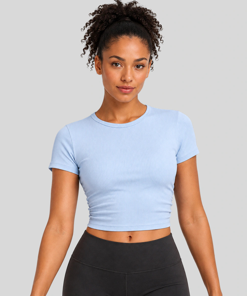 Avensai SculptRib Ruched Crop Workout Top - Starch Blue