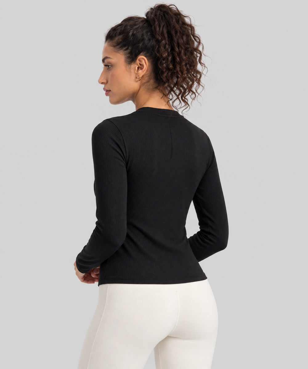 Avensai ModalSoft Ribbed Henley Long Sleeve Top - Black