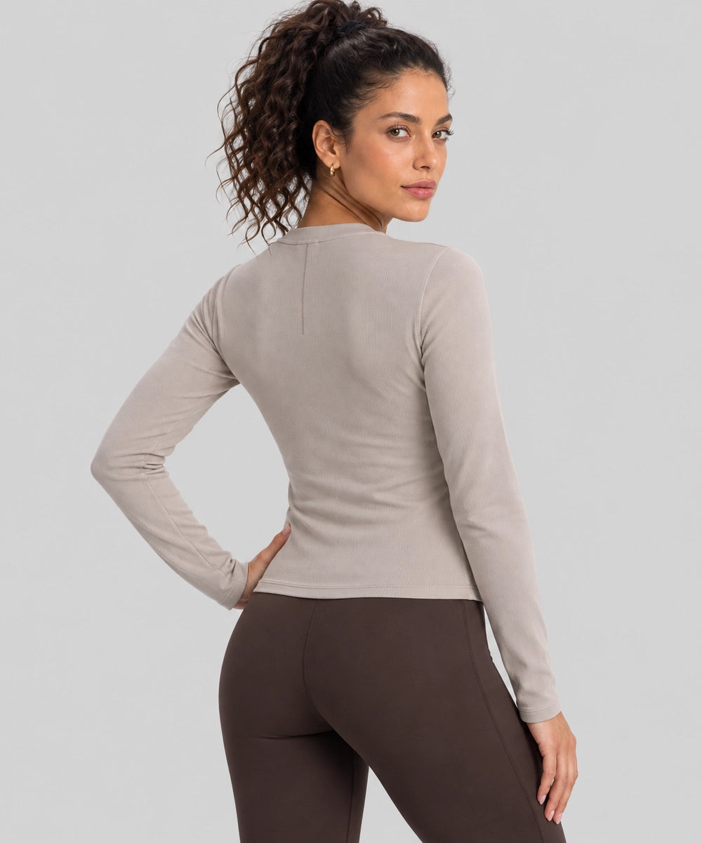 Avensai ModalSoft Ribbed Henley Long Sleeve Top - Oak brown
