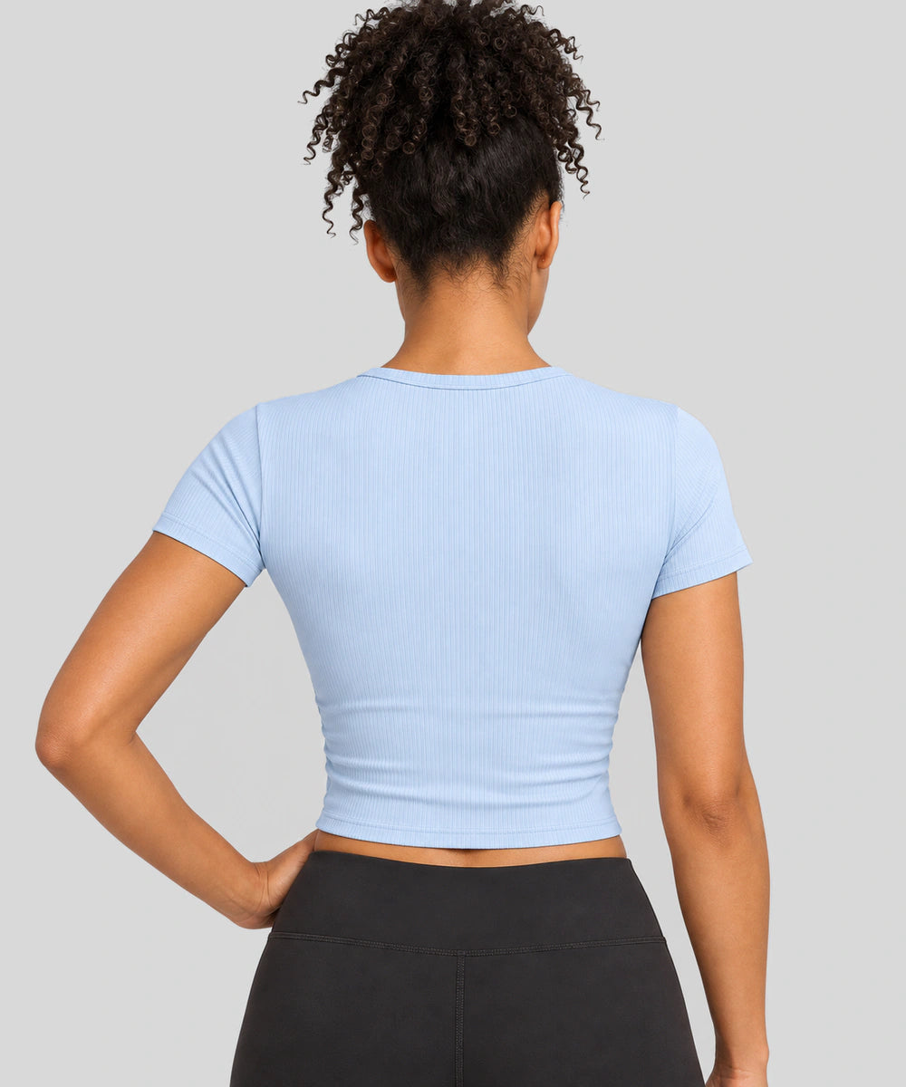 Avensai SculptRib Ruched Crop Workout Top - Starch Blue