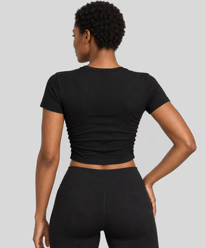 Avensai SculptRib Ruched Crop Workout Top - Black