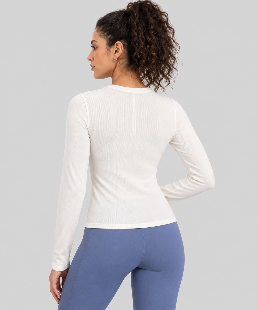 Avensai ModalSoft Ribbed Henley Long Sleeve Top - Light Ivory