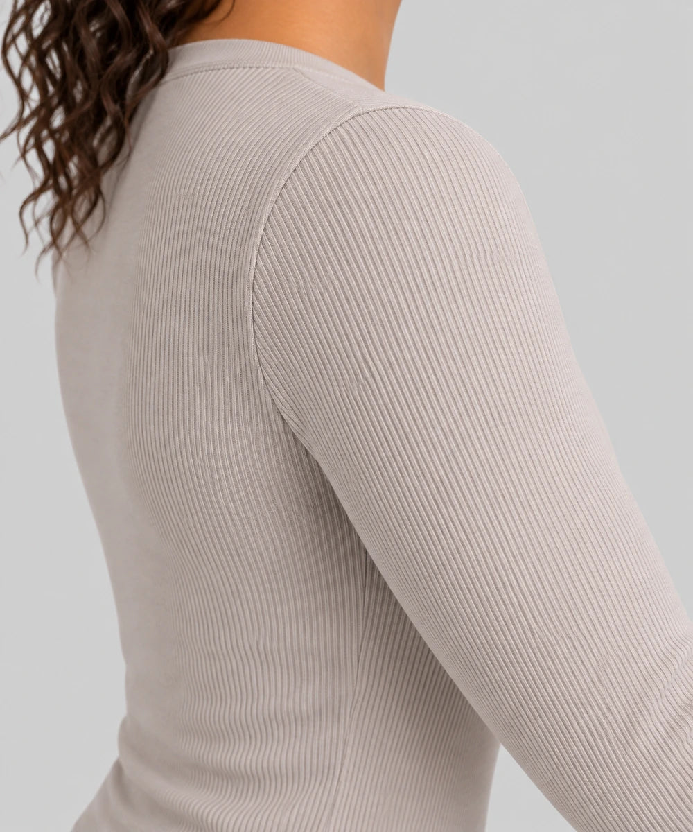 Avensai ModalSoft Ribbed Henley Long Sleeve Top - Oak brown