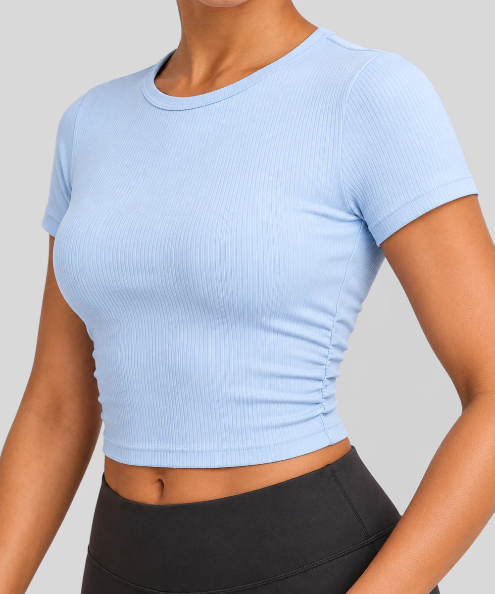 Avensai SculptRib Ruched Crop Workout Top - Starch Blue