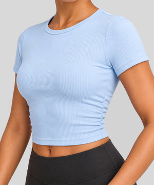 Avensai SculptRib Ruched Crop Workout Top - Starch Blue