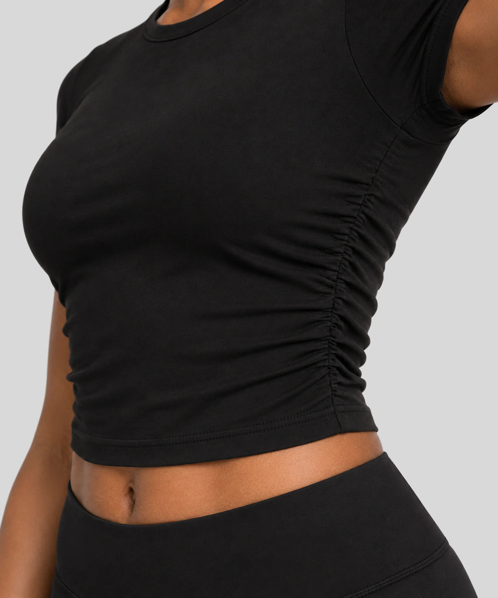 Avensai SculptRib Ruched Crop Workout Top - Black