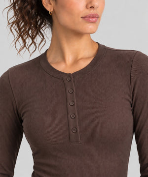 Avensai ModalSoft Ribbed Henley Long Sleeve Top - Brown